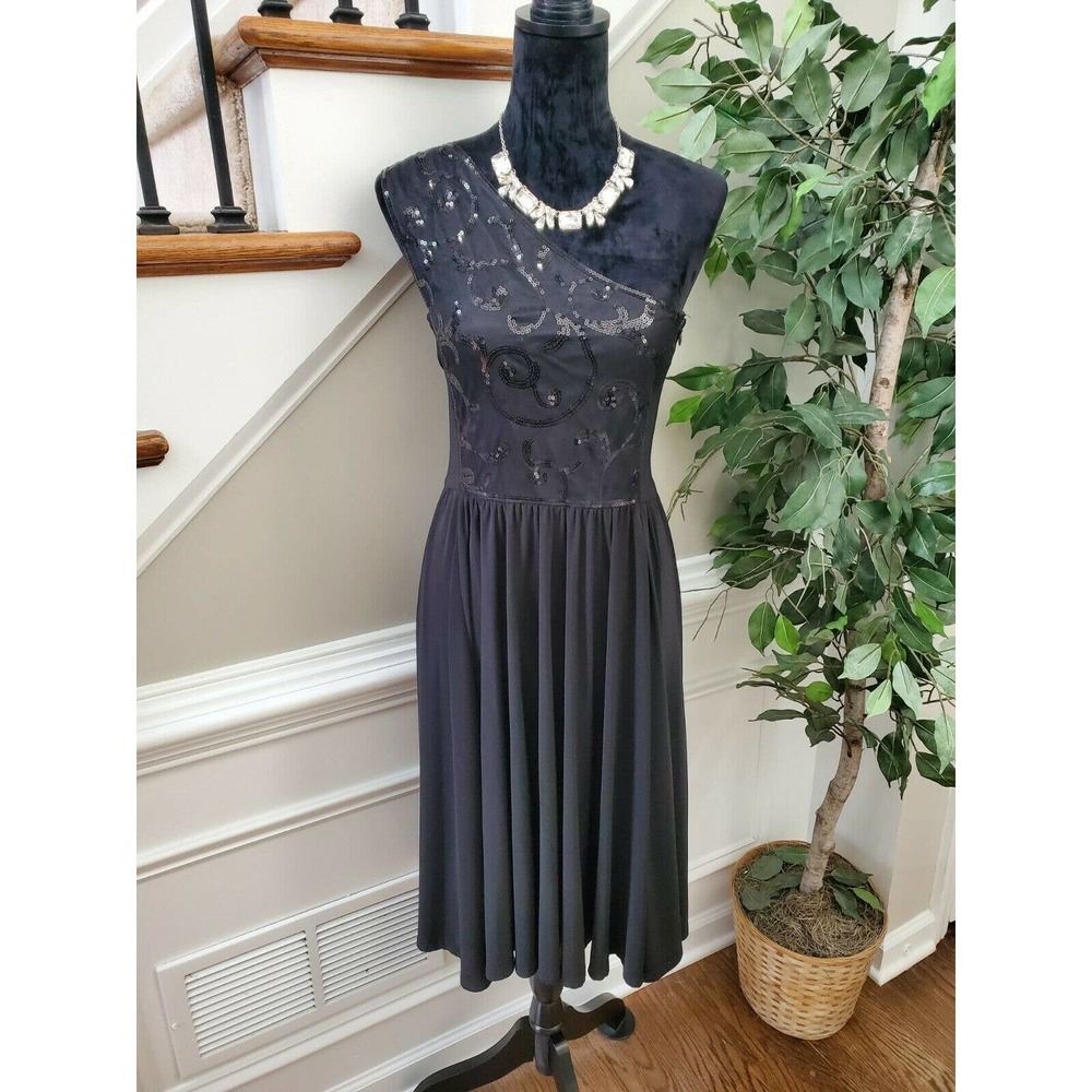 Jessica Howard Womens Black Polyester One Shoulder Off Knee Length Dress Size 16